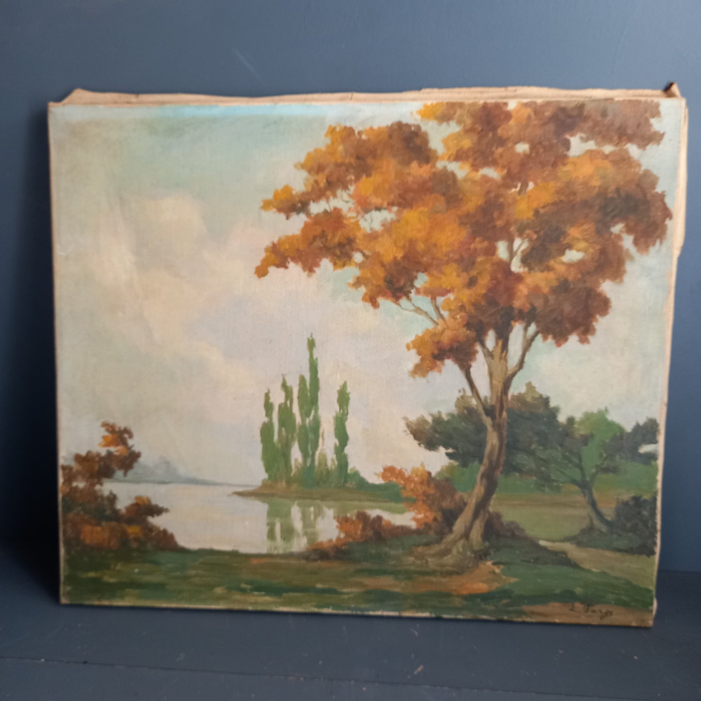French vintage oil on canvas landscape painting in Autumnal tones.