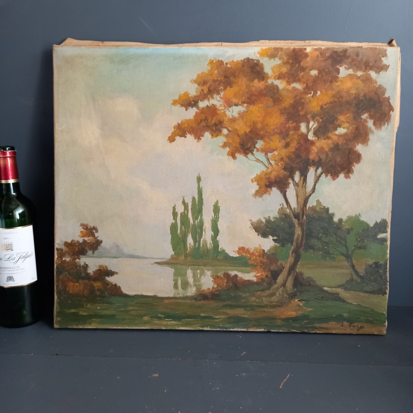 French vintage oil on canvas landscape painting in Autumnal tones.