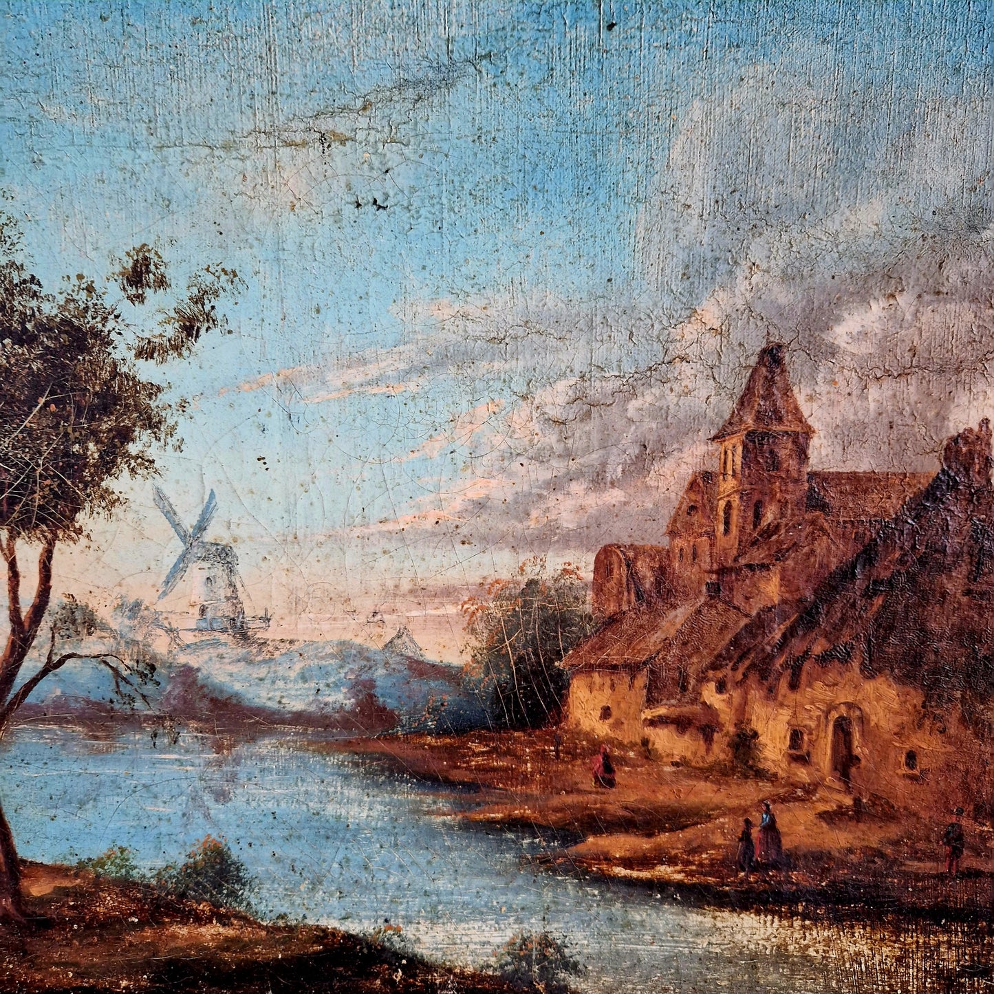 French antique oil painting. French country landscape painting.