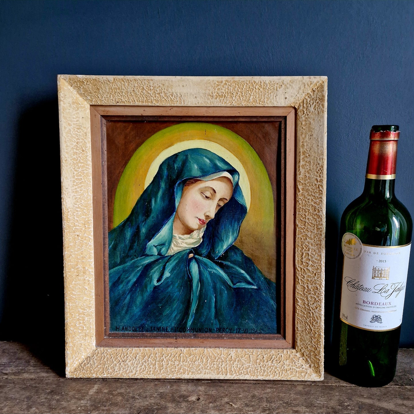 French vintage religious oil painting of The Madonna.