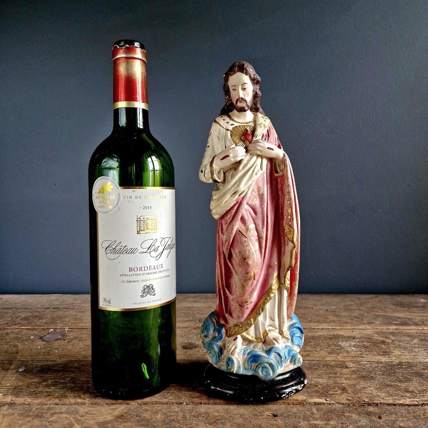 French vintage Jesus statue. French chalk ware Jesus of the sacred heart statue.