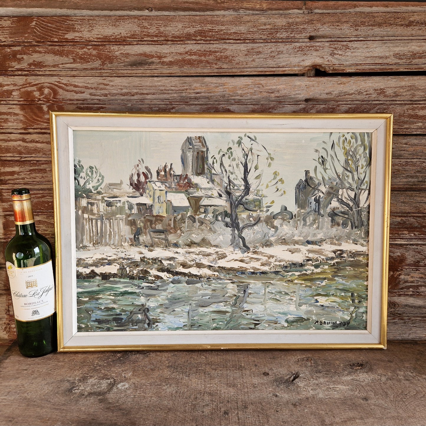 French oil painting of a snowy scene, 1974.
