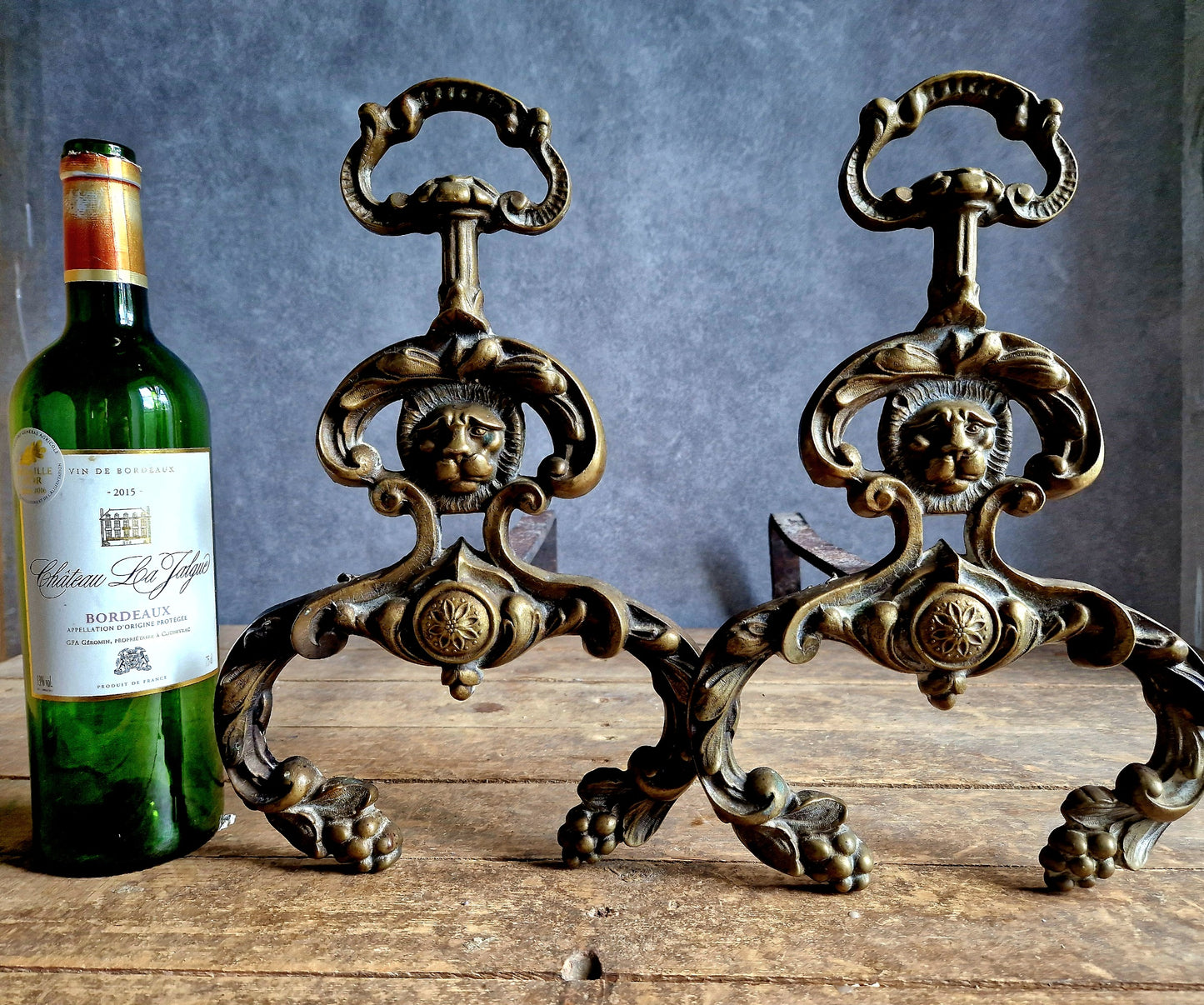 French antique firedogs. Antique brass fire chenets. Antique andirons.