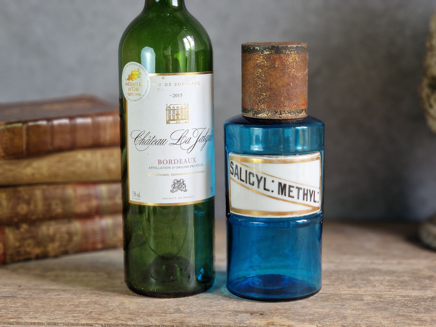 French antique blue apothecary bottle with toleware lid.