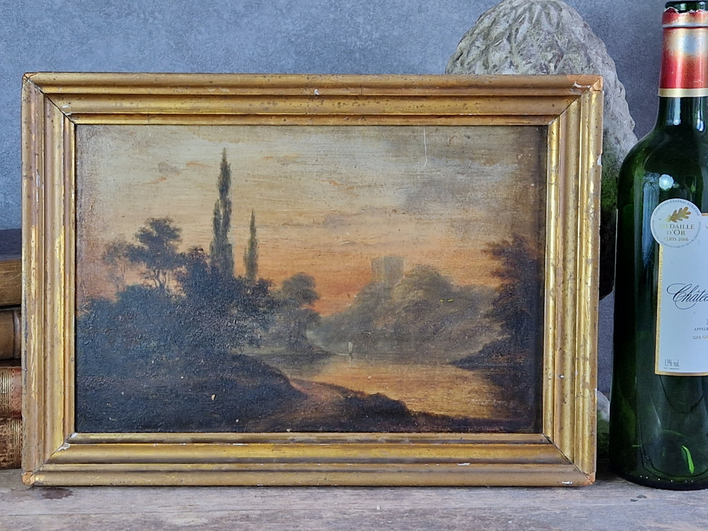 French antique oil on board of lakeside scene. Original French wall art.