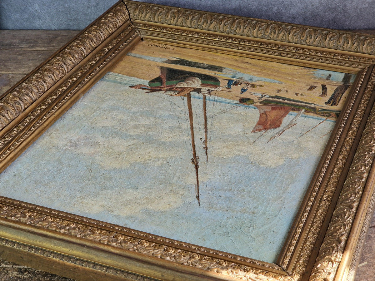French antique oil painting of boats 1908. Original antique wall art.