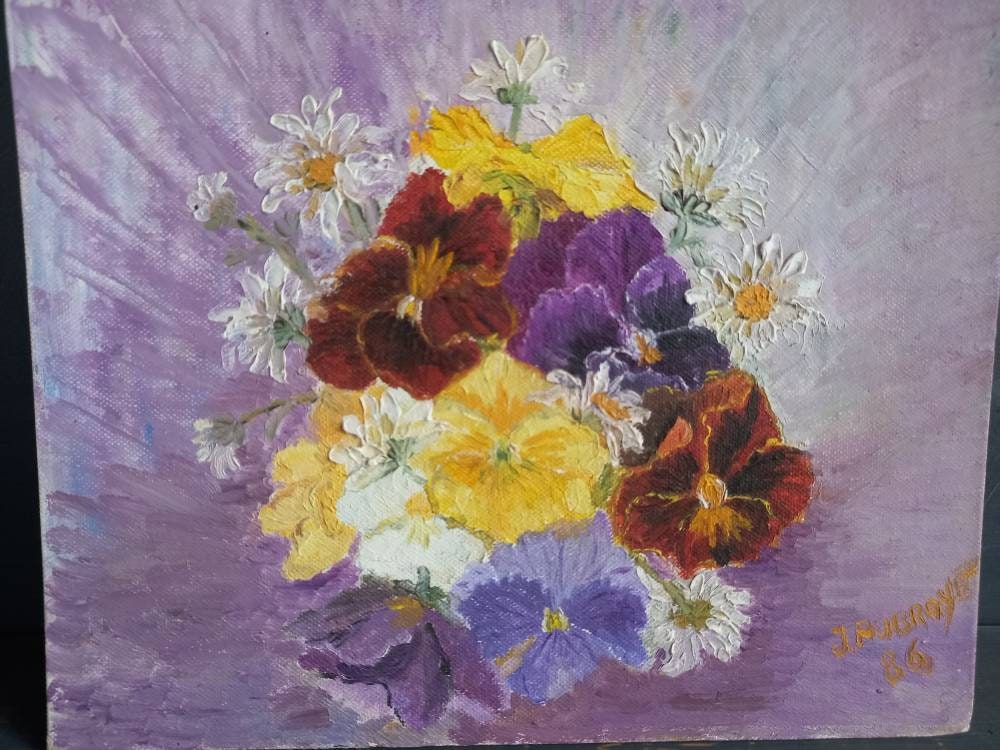 Flower painting. French oil painting of pansies. Original painting.