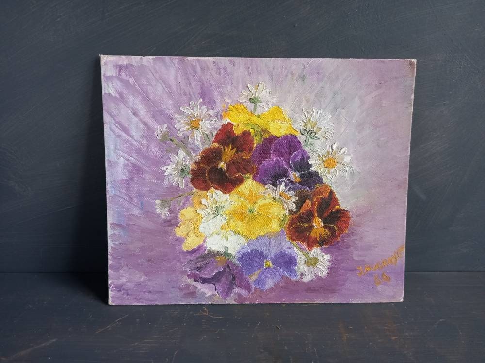 Flower painting. French oil painting of pansies. Original painting.