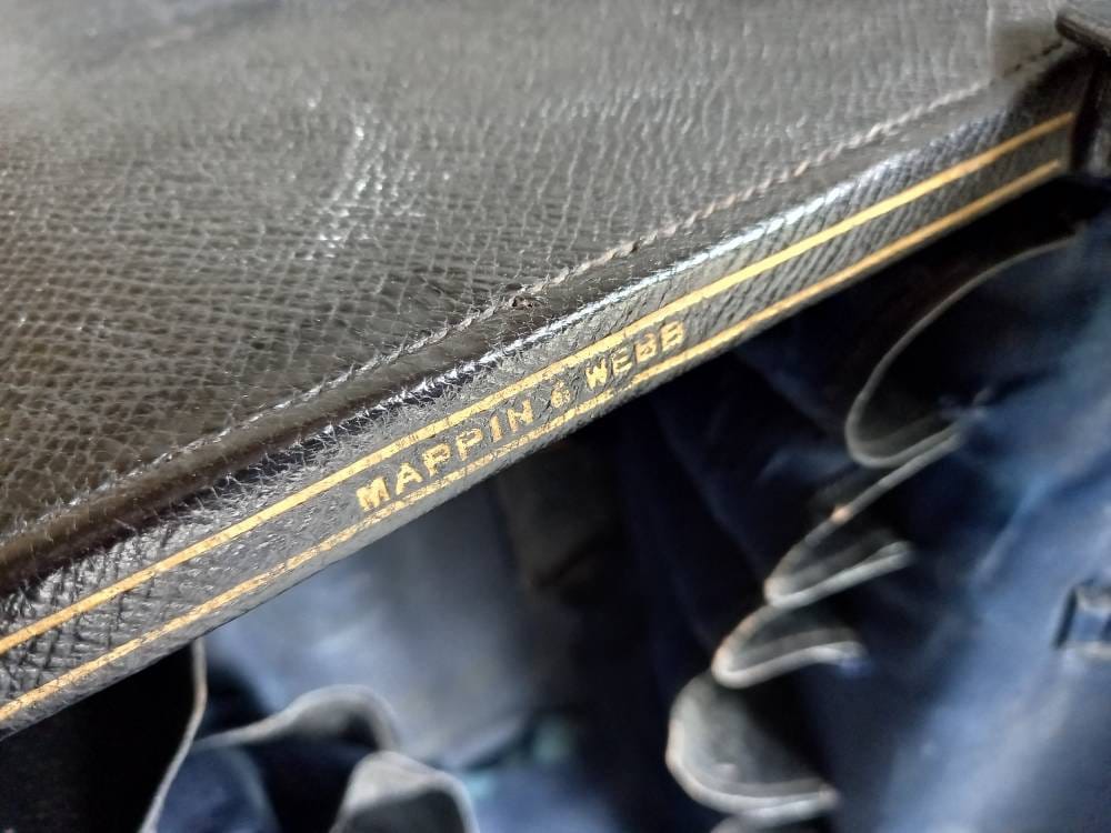 Mappin and Webb black leather antique vanity case. Mappin and Webb luggage.