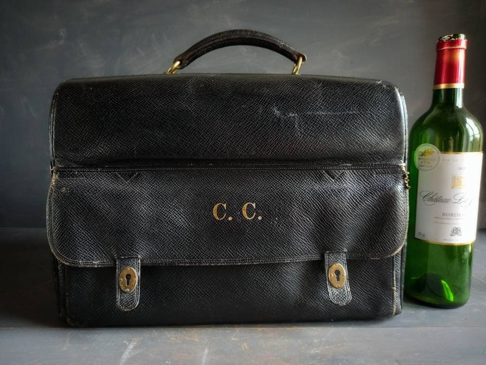 Mappin and Webb black leather antique vanity case. Mappin and Webb luggage.