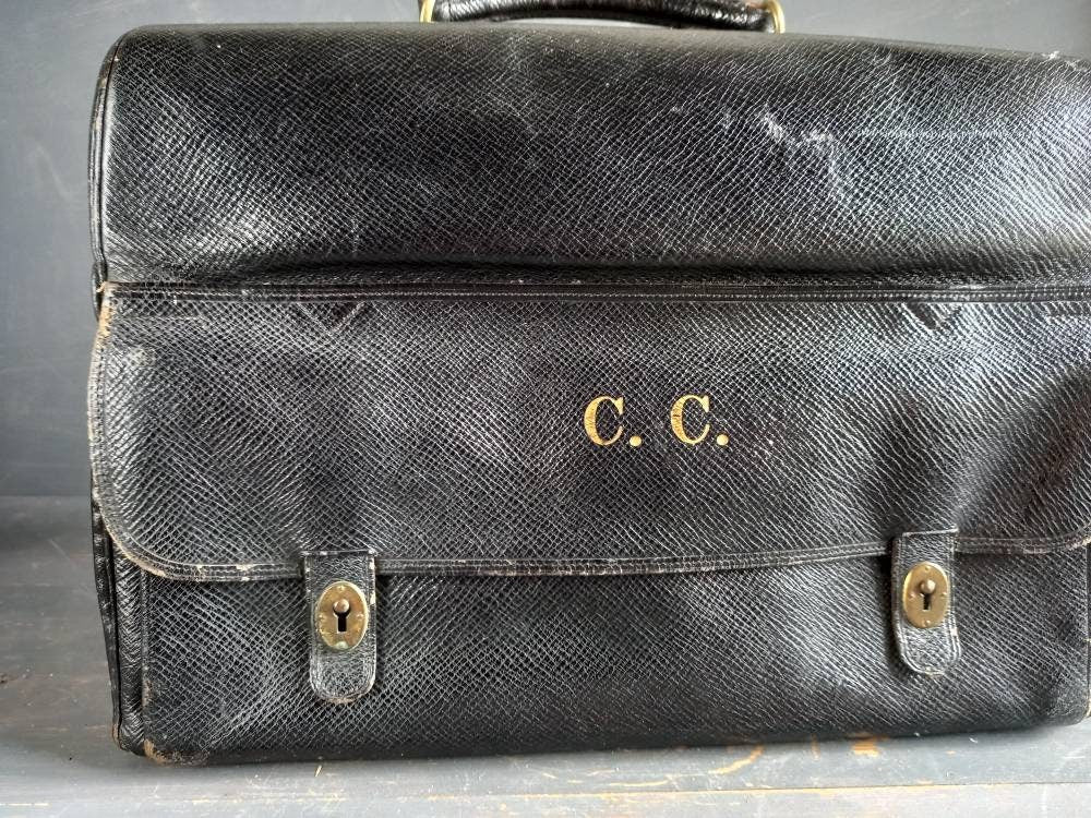 Mappin and Webb black leather antique vanity case. Mappin and Webb luggage.