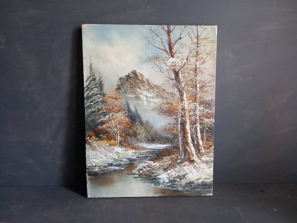 French oil painting. French art. Snow scene oil painting. Vintage French oil on canvas. Art French. French picture. French Country decor.