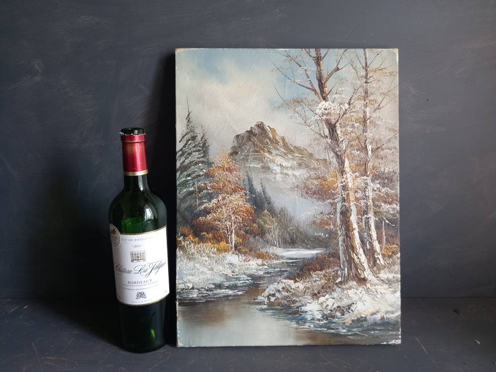 French oil painting. French art. Snow scene oil painting. Vintage French oil on canvas. Art French. French picture. French Country decor.