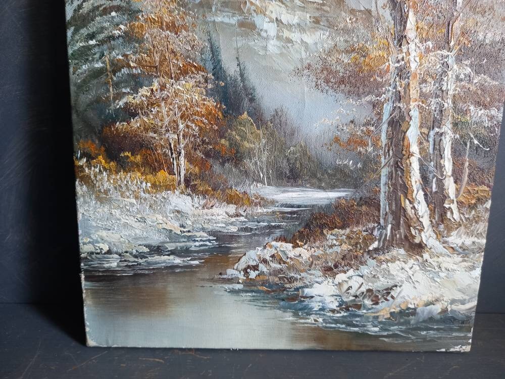 French oil painting. French art. Snow scene oil painting. Vintage French oil on canvas. Art French. French picture. French Country decor.