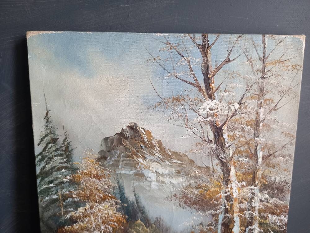 French oil painting. French art. Snow scene oil painting. Vintage French oil on canvas. Art French. French picture. French Country decor.