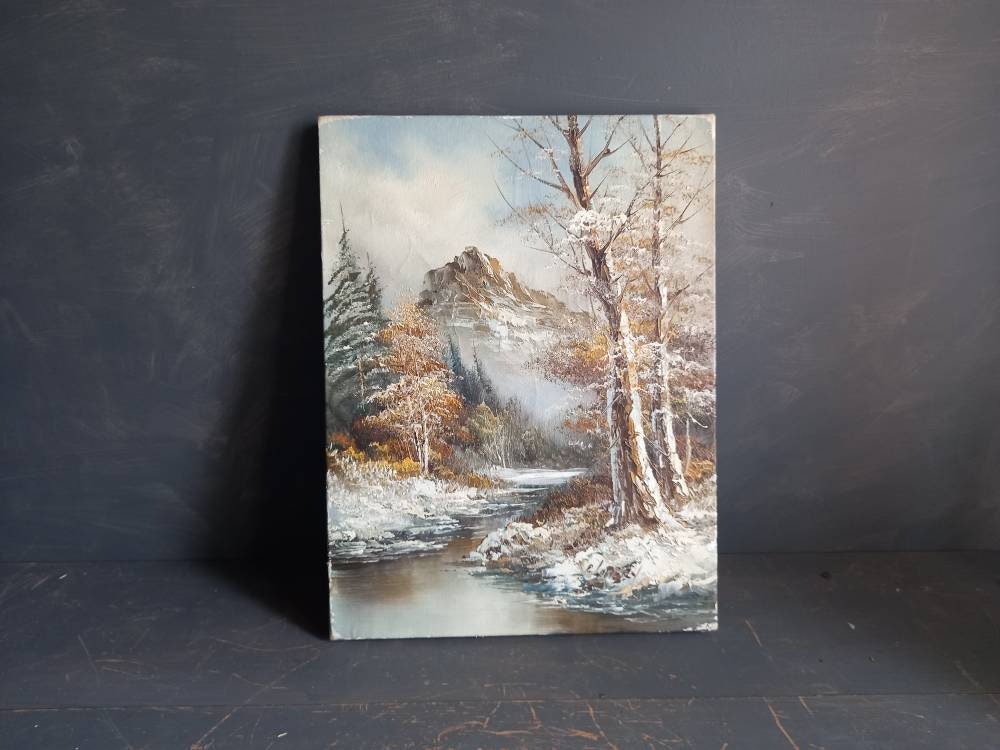 French oil painting. French art. Snow scene oil painting. Vintage French oil on canvas. Art French. French picture. French Country decor.