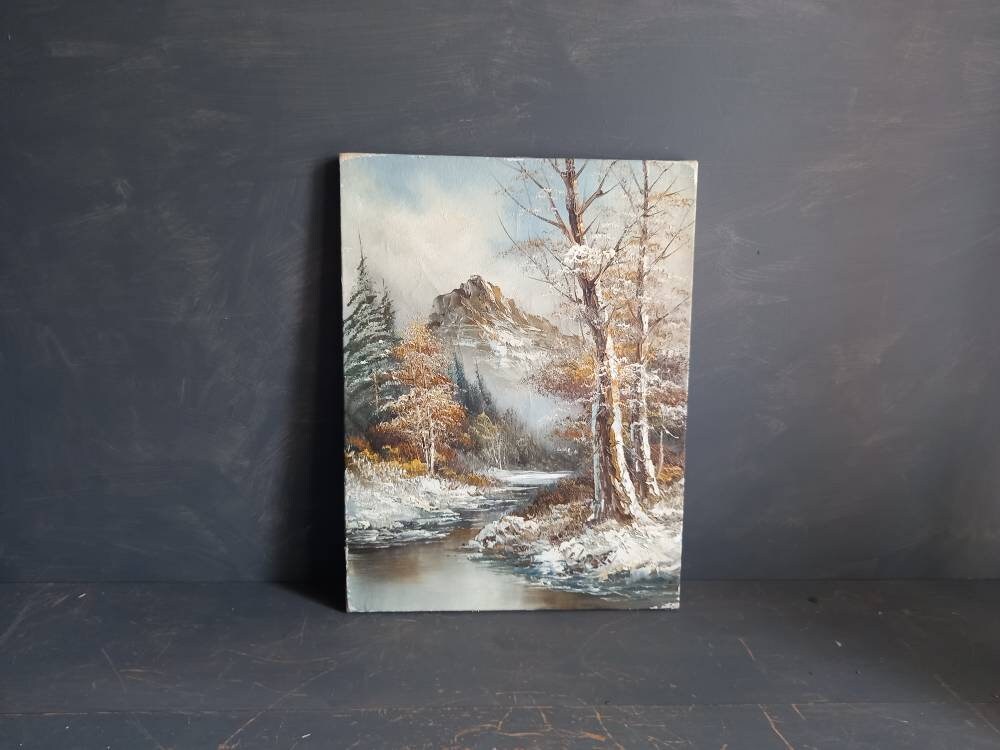 French oil painting. French art. Snow scene oil painting. Vintage French oil on canvas. Art French. French picture. French Country decor.
