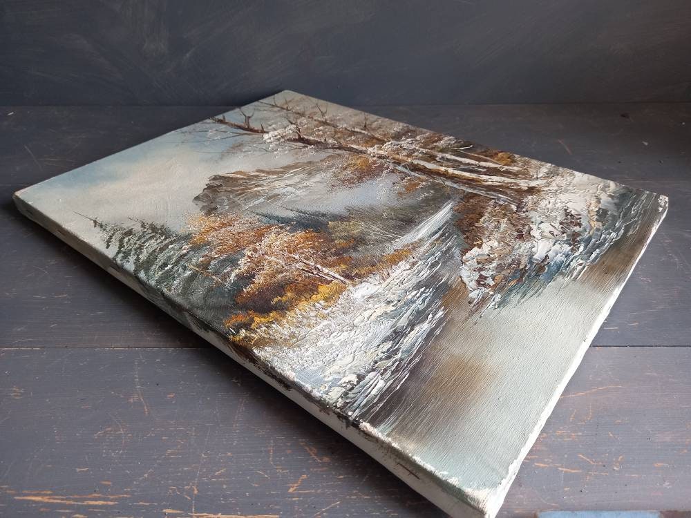 French oil painting. French art. Snow scene oil painting. Vintage French oil on canvas. Art French. French picture. French Country decor.