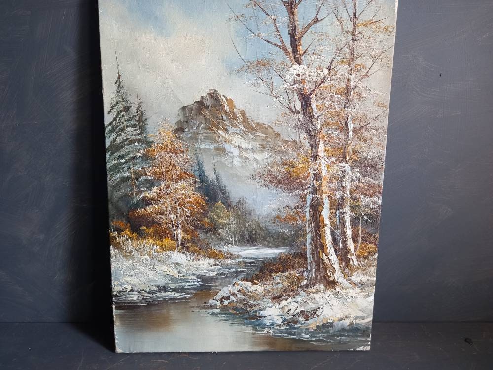 French oil painting. French art. Snow scene oil painting. Vintage French oil on canvas. Art French. French picture. French Country decor.