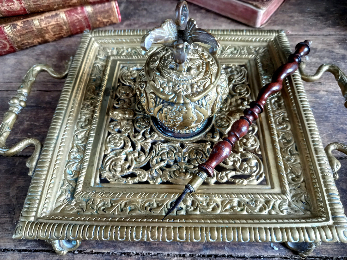 Antique bronze inkwell. French 19th century inkwell.