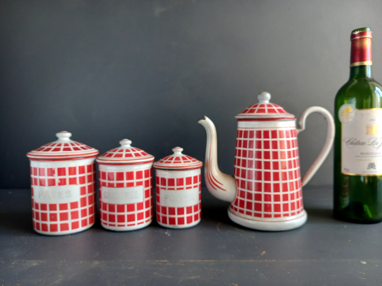 French red enamel canisters and coffee pot. French enamelware. Vintage enamelware. French kitchen. Housewarming gift. French country decor.