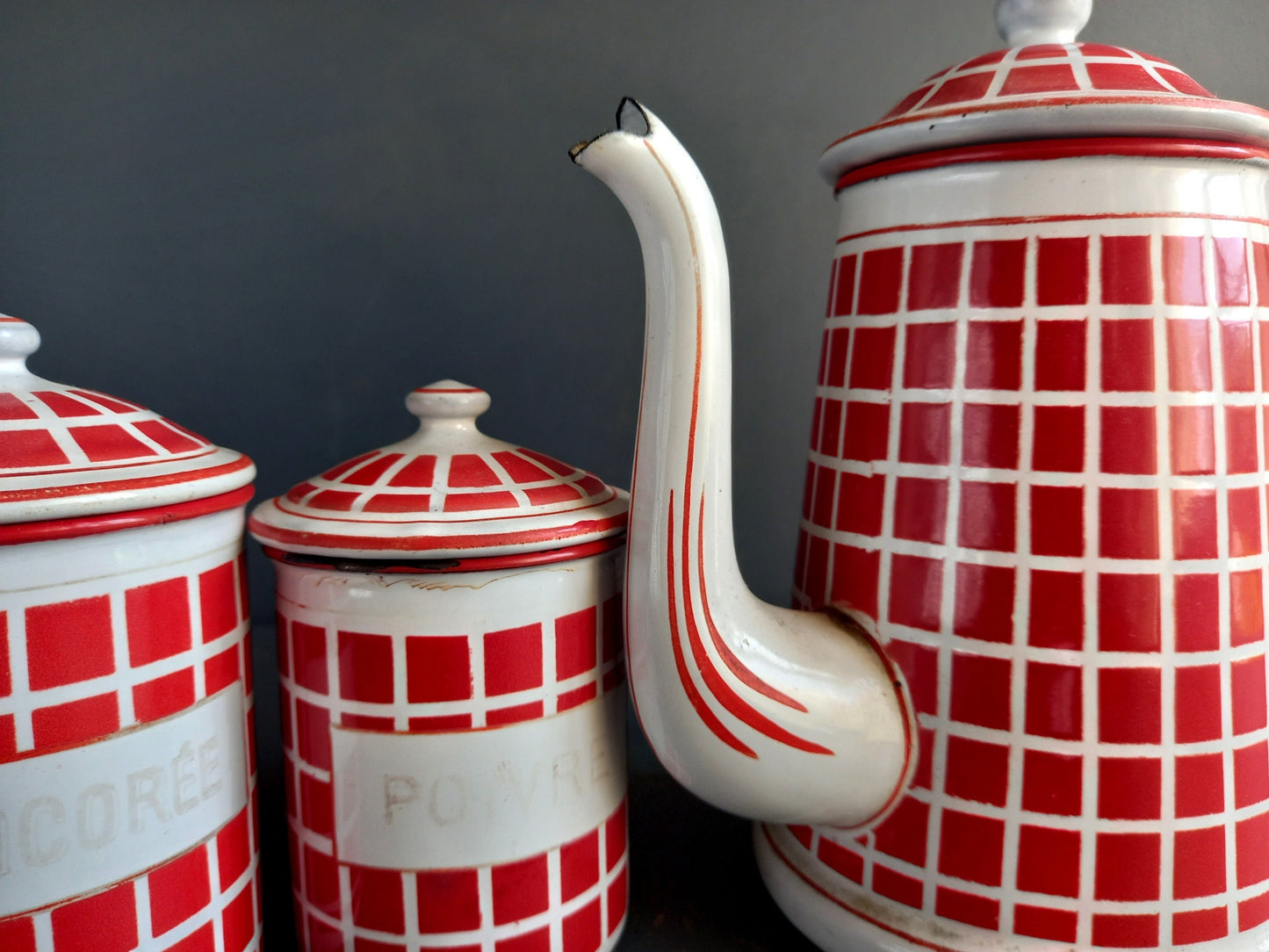 French red enamel canisters and coffee pot. French enamelware. Vintage enamelware. French kitchen. Housewarming gift. French country decor.