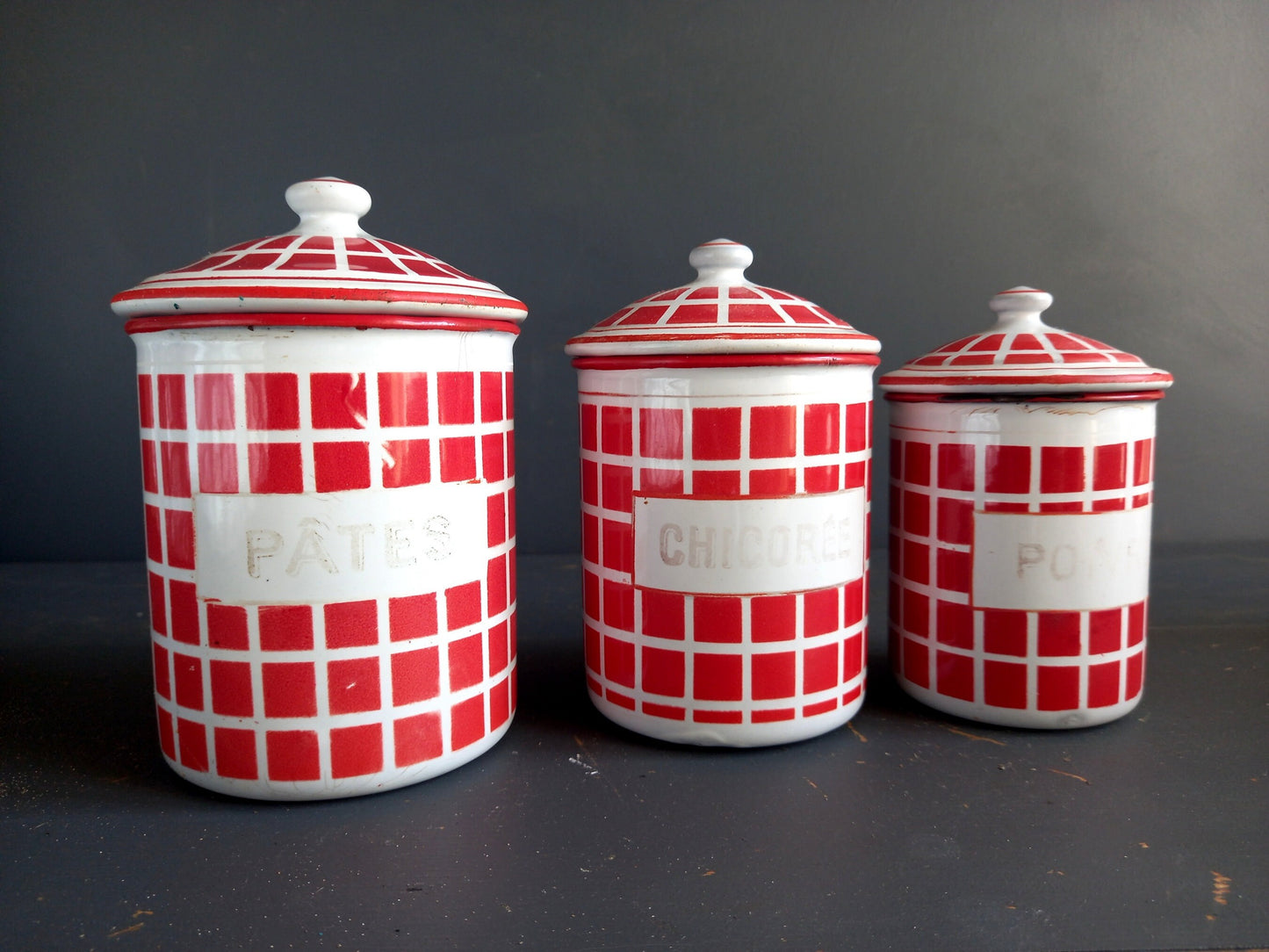 French red enamel canisters and coffee pot. French enamelware. Vintage enamelware. French kitchen. Housewarming gift. French country decor.