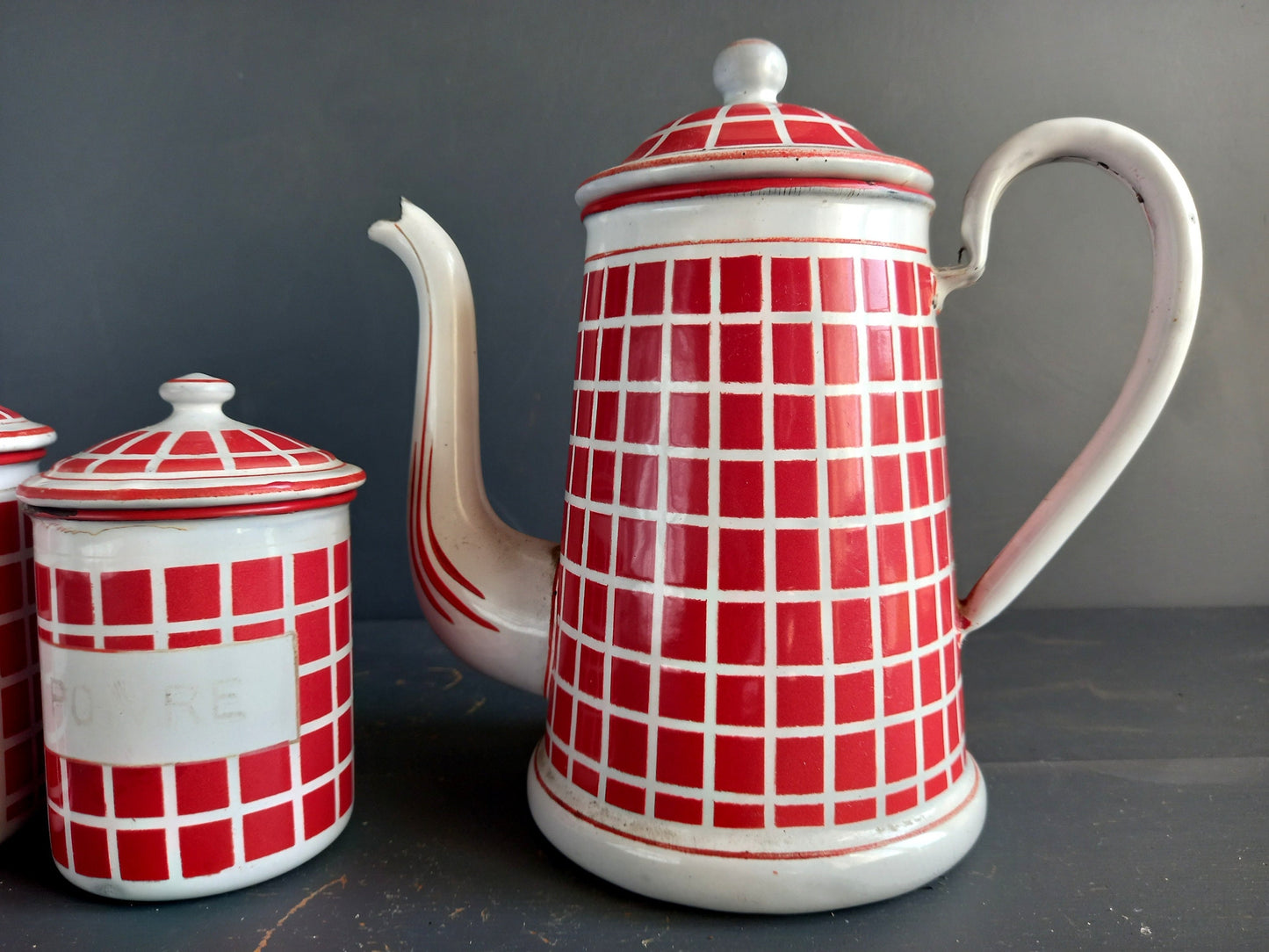 French red enamel canisters and coffee pot. French enamelware. Vintage enamelware. French kitchen. Housewarming gift. French country decor.