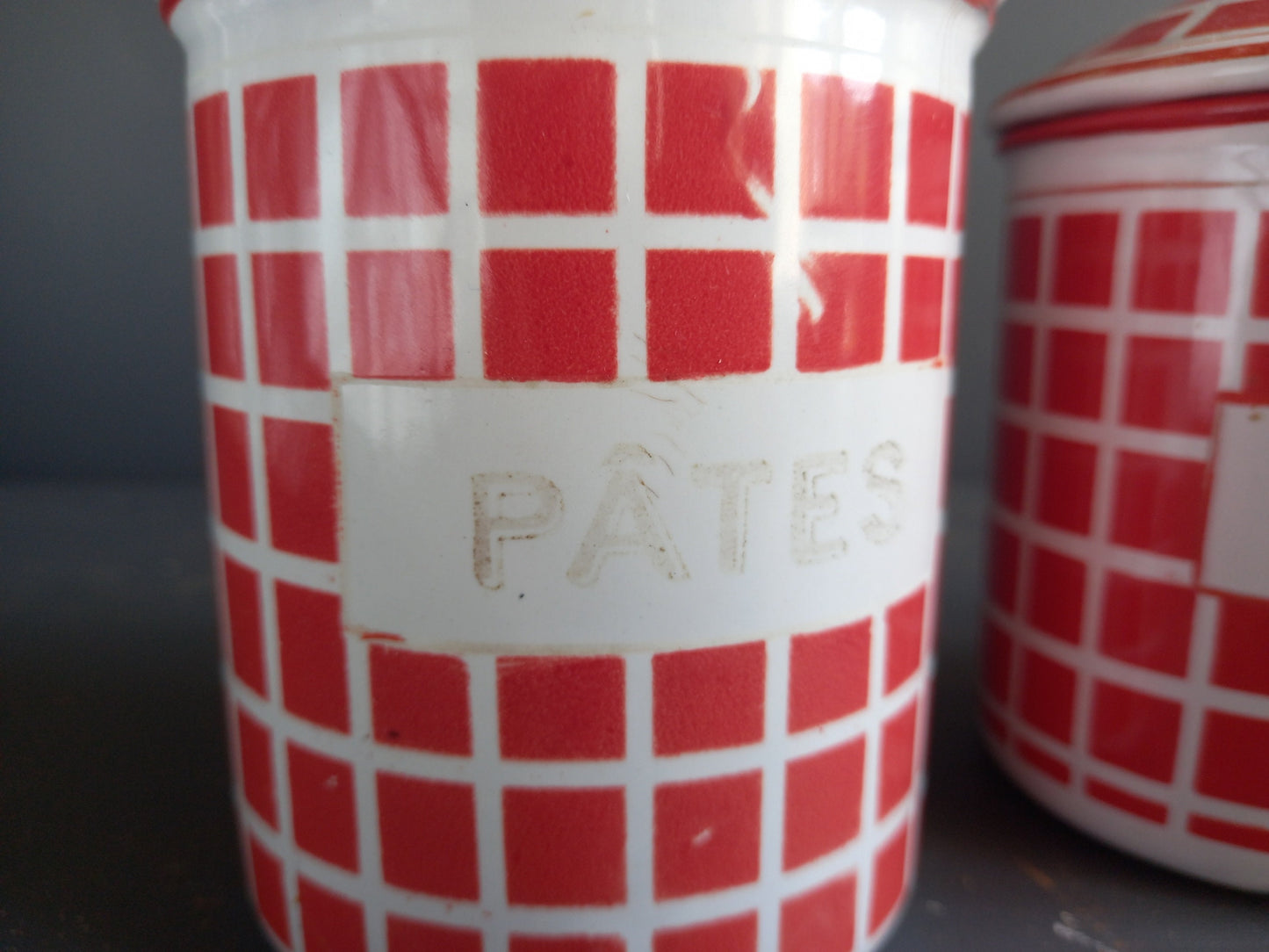 French red enamel canisters and coffee pot. French enamelware. Vintage enamelware. French kitchen. Housewarming gift. French country decor.
