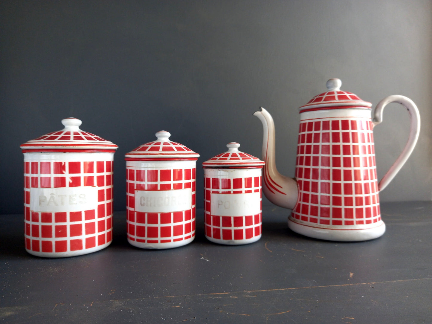 French red enamel canisters and coffee pot. French enamelware. Vintage enamelware. French kitchen. Housewarming gift. French country decor.