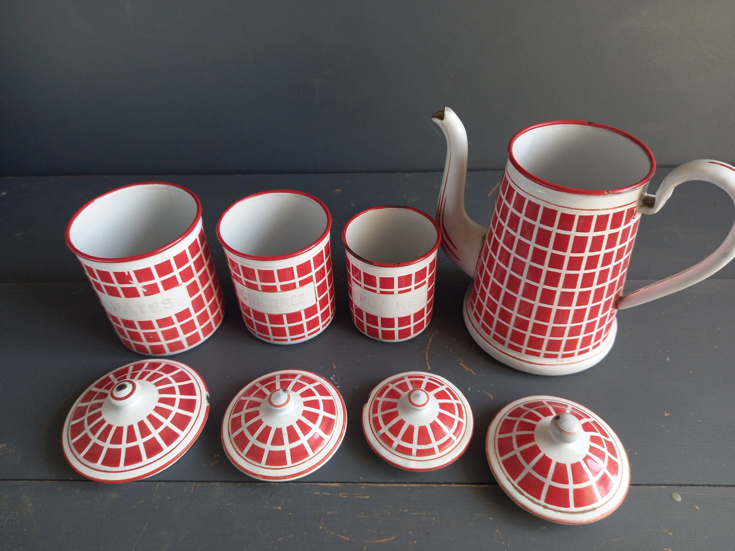 French red enamel canisters and coffee pot. French enamelware. Vintage enamelware. French kitchen. Housewarming gift. French country decor.