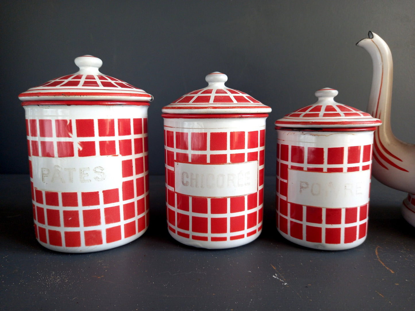 French red enamel canisters and coffee pot. French enamelware. Vintage enamelware. French kitchen. Housewarming gift. French country decor.
