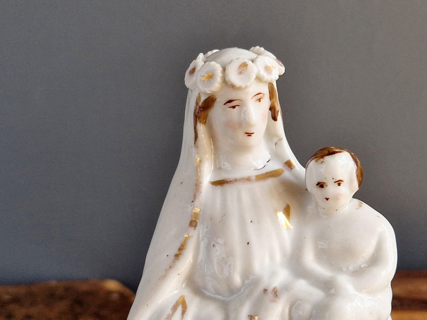 French antique porcelain Madonna statue. Virgin Mary statue.