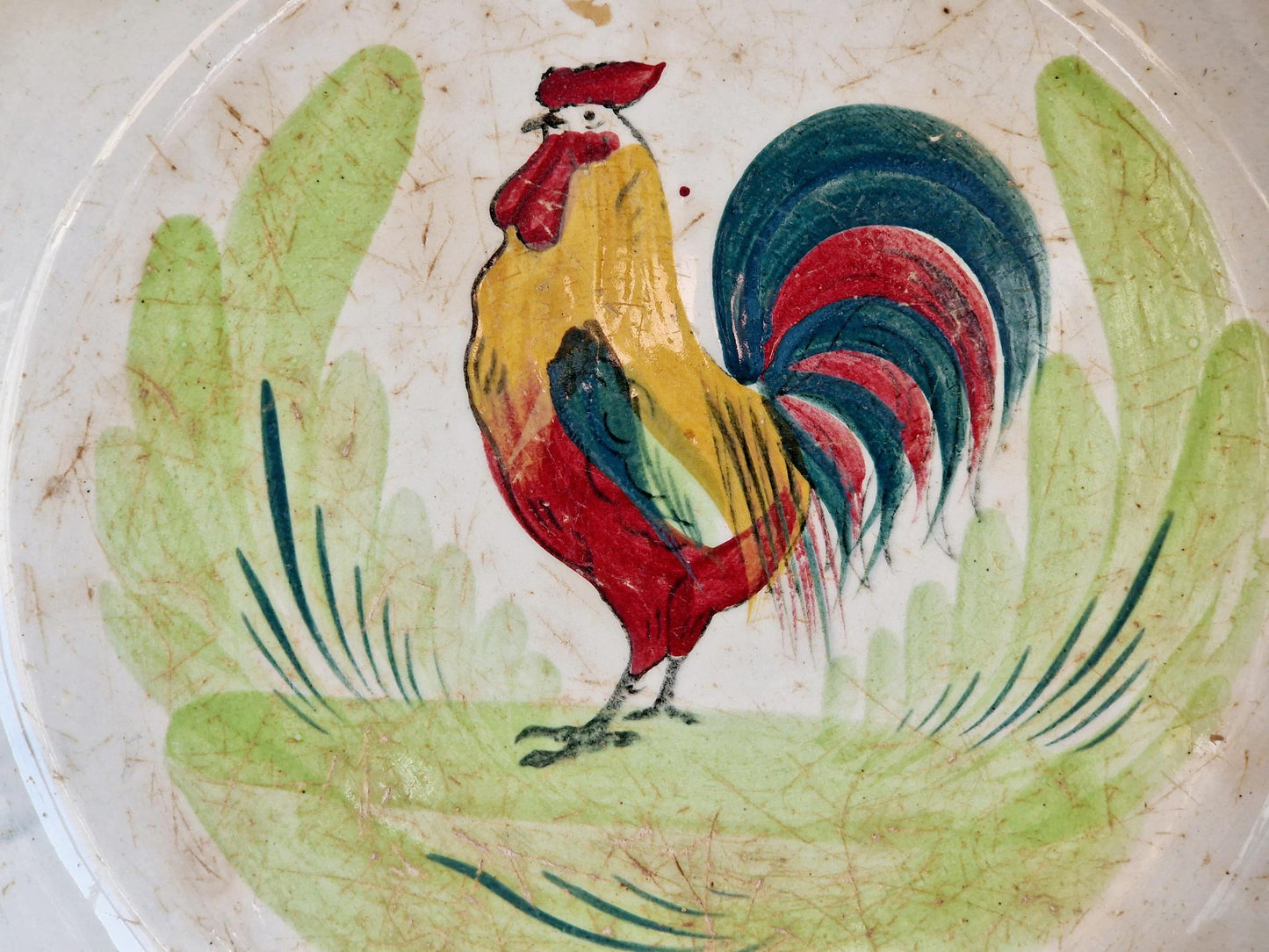 French antique cockerel plate Hand painted rooster plate.