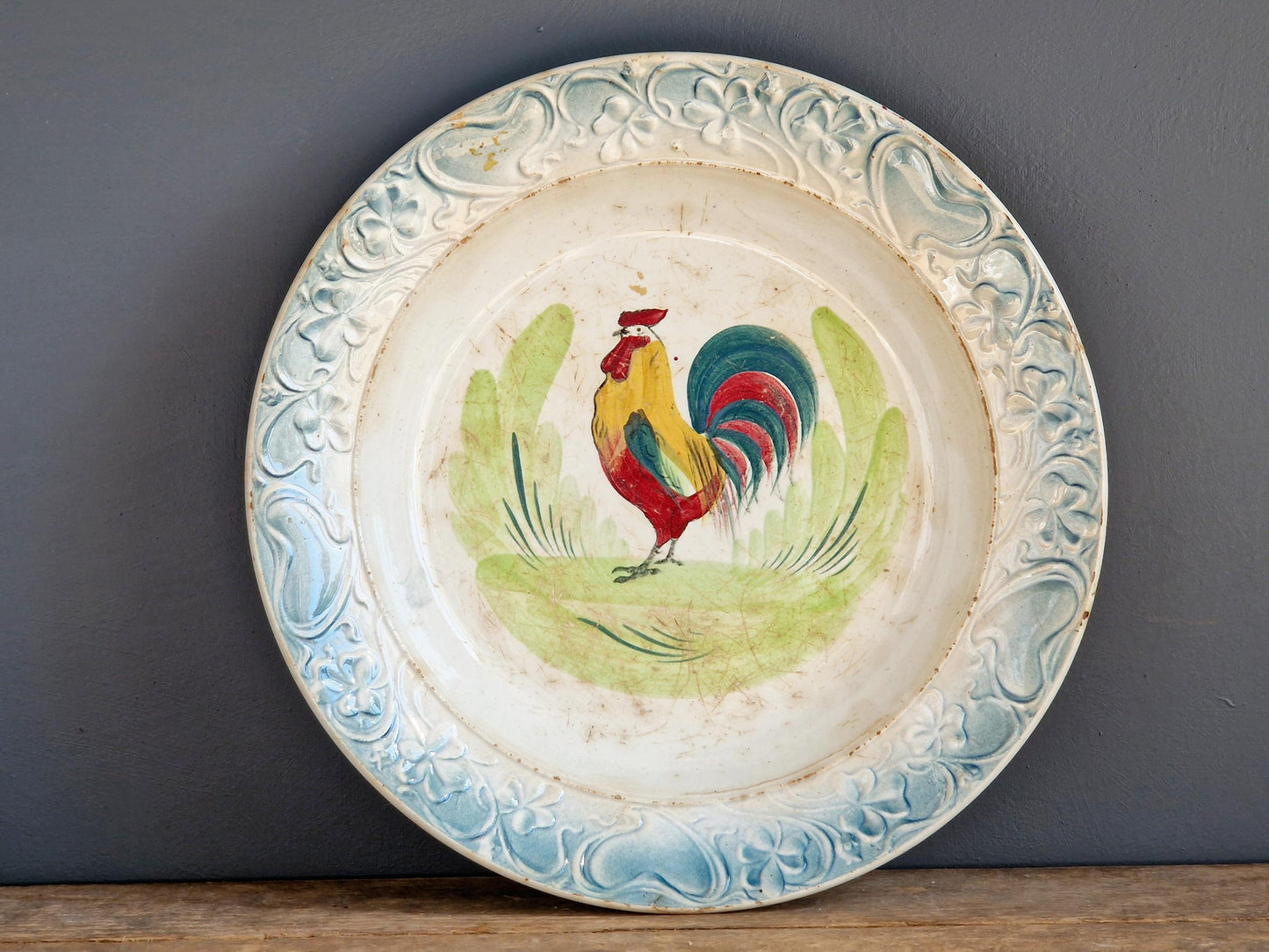 French antique cockerel plate Hand painted rooster plate.