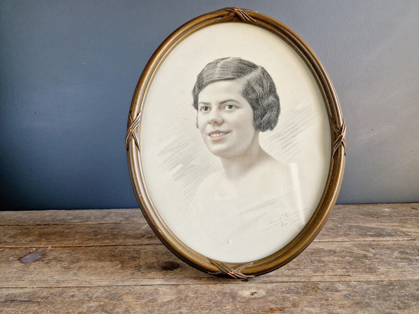 1920s portrait of young lady French antique art Pencil drawing.