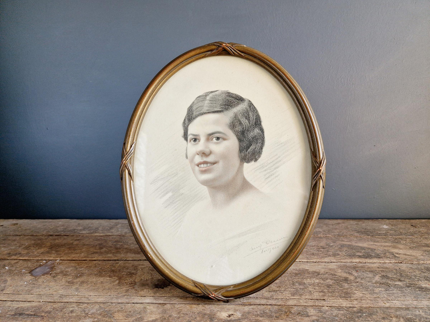 1920s portrait of young lady French antique art Pencil drawing.