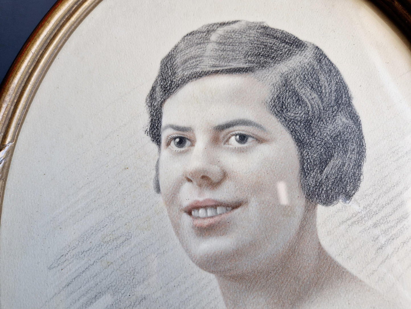 1920s portrait of young lady French antique art Pencil drawing.
