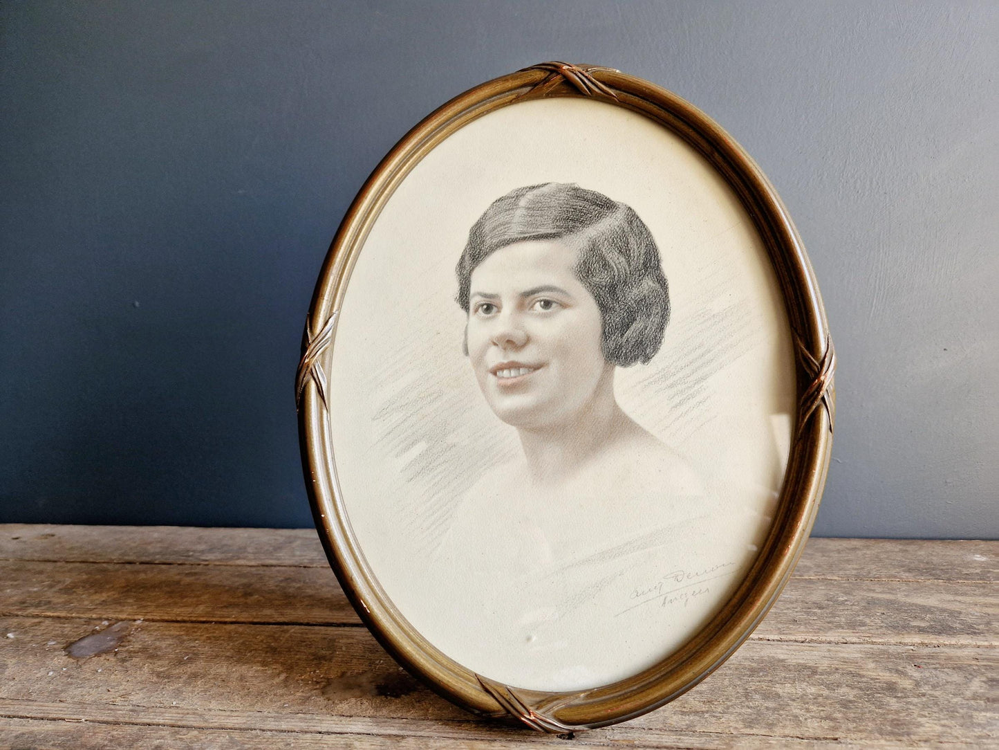 1920s portrait of young lady French antique art Pencil drawing.