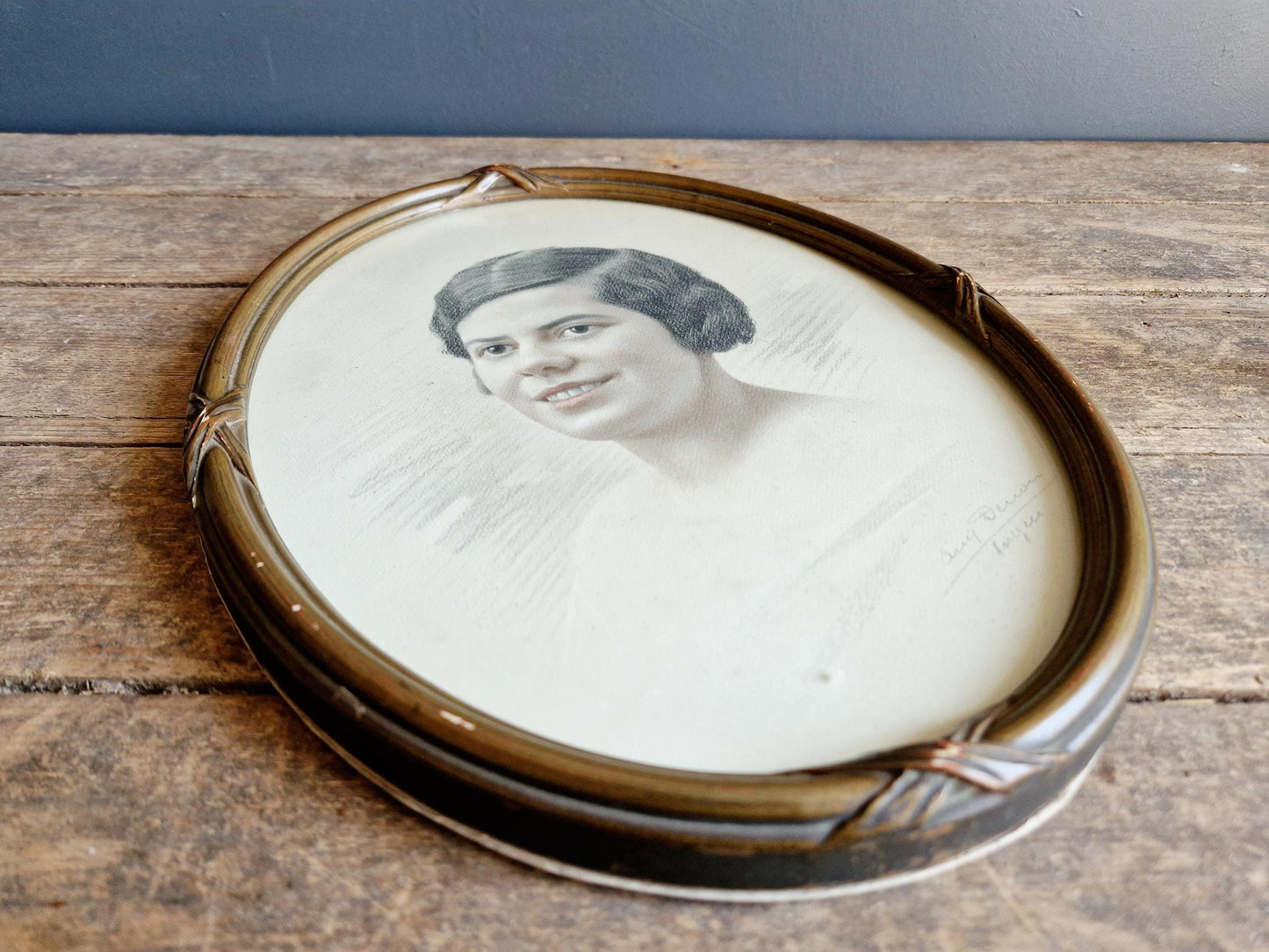 1920s portrait of young lady French antique art Pencil drawing.