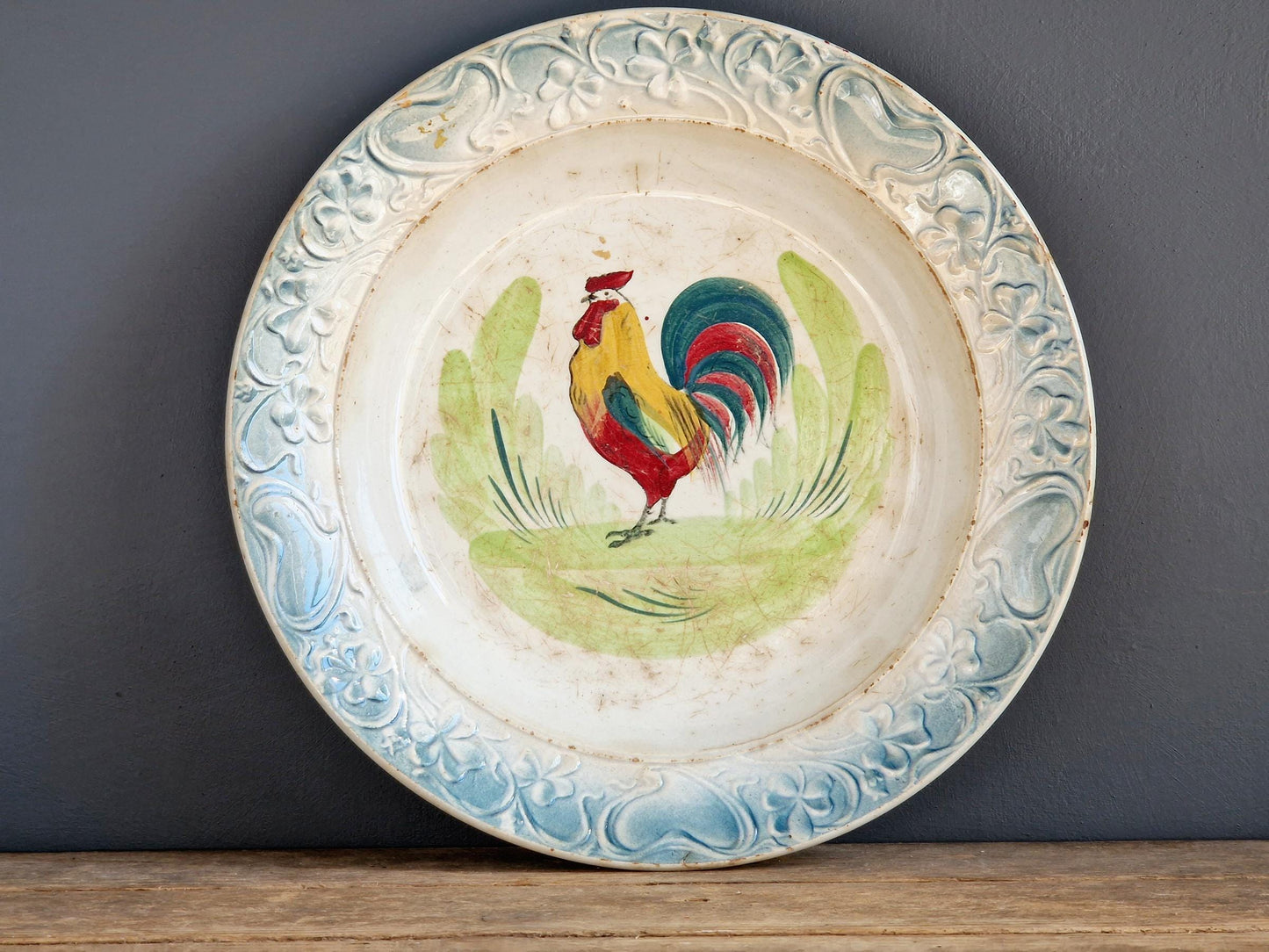French antique cockerel plate Hand painted rooster plate.