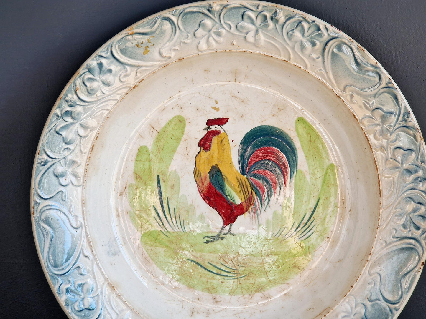 French antique cockerel plate Hand painted rooster plate.