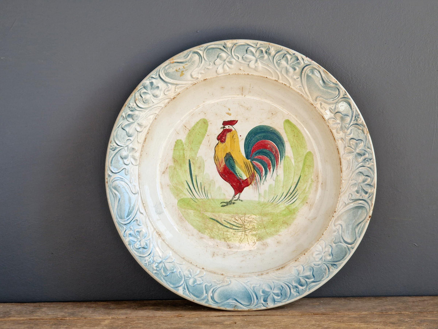 French antique cockerel plate Hand painted rooster plate.