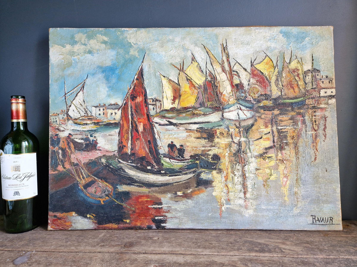 French boat oil painting French art Mid century oil painting.