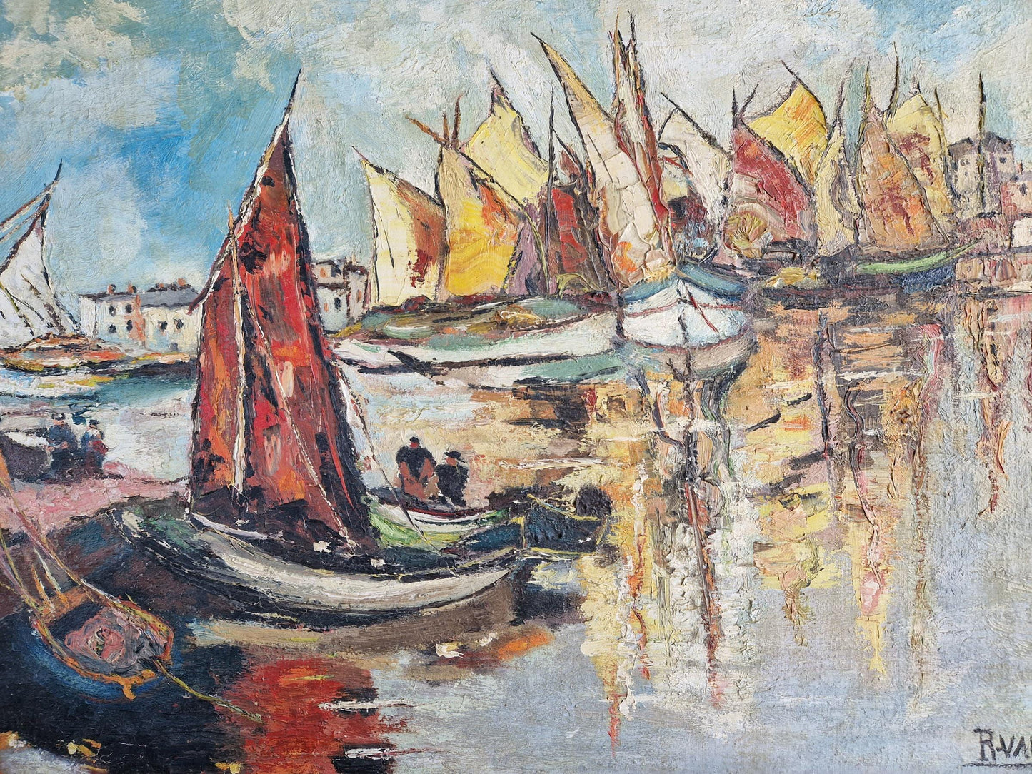 French boat oil painting French art Mid century oil painting.