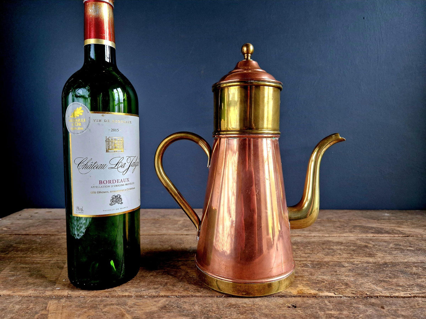 Vintage Belgian Copper coffee pot with filter and lid.