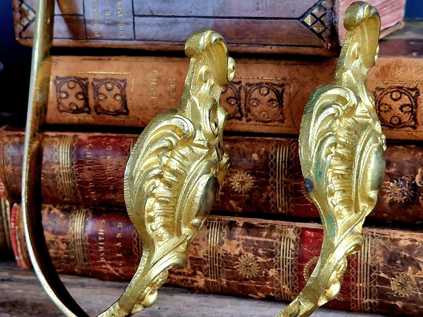 French gilt brass curtain tiebacks. Pair of French rococo style gilt brass tiebacks.