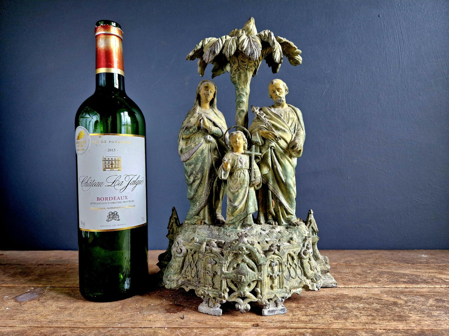 Statue religieuse française antique : Marie, Joseph et Jésus