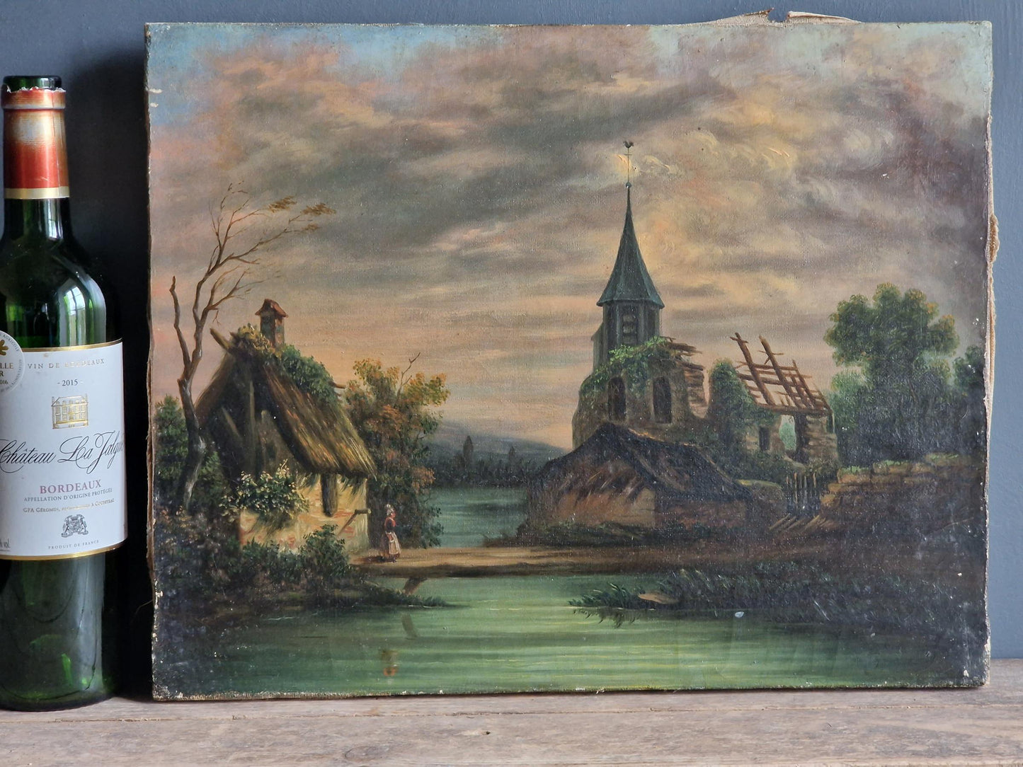 French antique oil painting Antique portrait of a country scene.