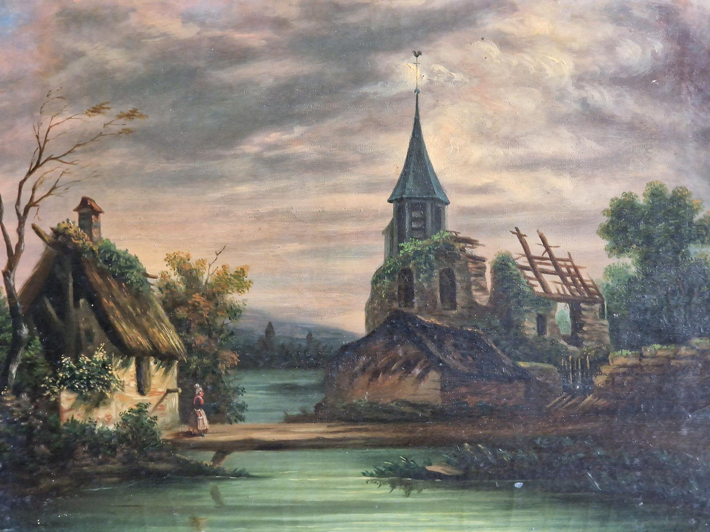 French antique oil painting Antique portrait of a country scene.